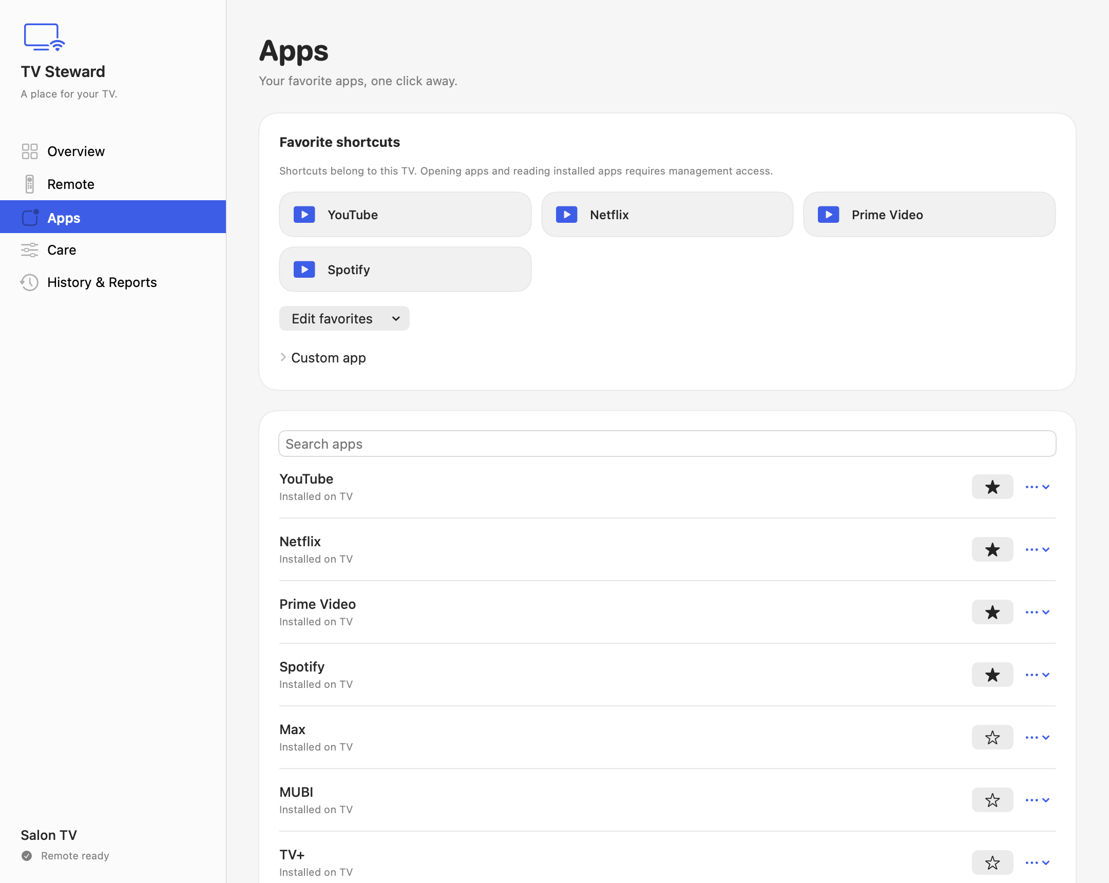 The Apps screen with favorite shortcuts and a searchable TV app list
