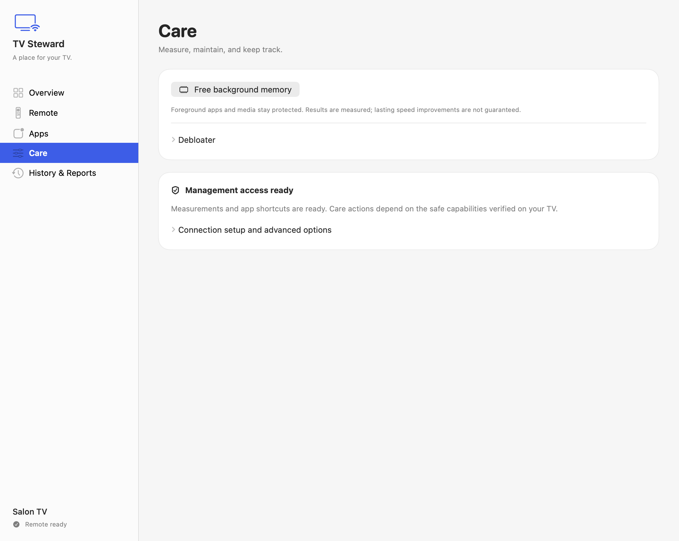 The Care screen with optional background memory cleanup and management permissions