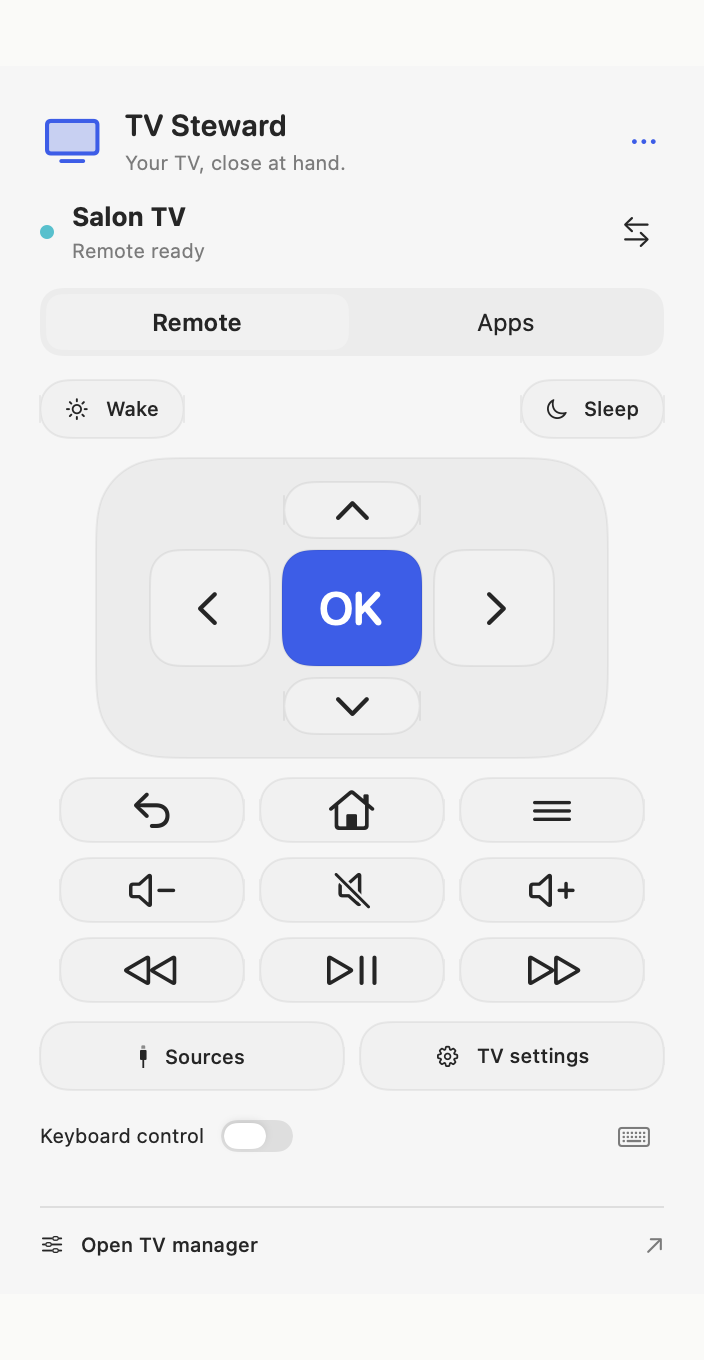 TV Steward’s Mac remote with navigation, volume, playback, and keyboard controls